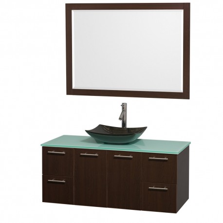 48 inch Single Bathroom Vanity in Espresso, Green Glass Countertop, Arista Black Granite Sink, and 46 inch Mirror