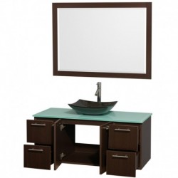 48 inch Single Bathroom Vanity in Espresso, Green Glass Countertop, Arista Black Granite Sink, and 46 inch Mirror