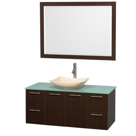 48 inch Single Bathroom Vanity in Espresso, Green Glass Countertop, Arista Ivory Marble Sink, and 46 inch Mirror