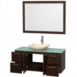 48 inch Single Bathroom Vanity in Espresso, Green Glass Countertop, Arista Ivory Marble Sink, and 46 inch Mirror