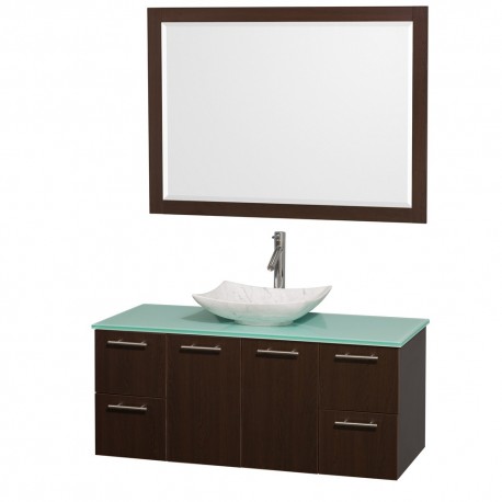 48 inch Single Bathroom Vanity in Espresso, Green Glass Countertop, Arista White Carrera Marble Sink, and 46 inch Mirror