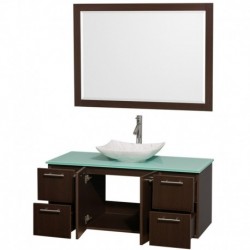 48 inch Single Bathroom Vanity in Espresso, Green Glass Countertop, Arista White Carrera Marble Sink, and 46 inch Mirror