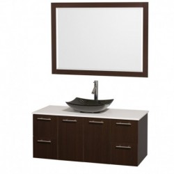 48 inch Single Bathroom Vanity in Espresso, White Man-Made Stone Countertop, Arista Black Granite Sink, and 46 inch Mirror