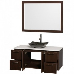 48 inch Single Bathroom Vanity in Espresso, White Man-Made Stone Countertop, Arista Black Granite Sink, and 46 inch Mirror