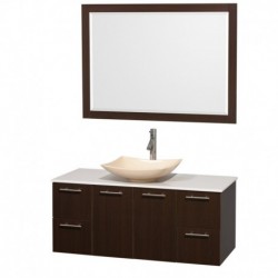48 inch Single Bathroom Vanity in Espresso, White Man-Made Stone Countertop, Arista Ivory Marble Sink, and 46 inch Mirror