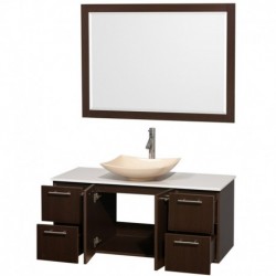 48 inch Single Bathroom Vanity in Espresso, White Man-Made Stone Countertop, Arista Ivory Marble Sink, and 46 inch Mirror