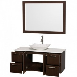 48 inch Single Bathroom Vanity in Espresso, White Man-Made Stone Countertop, Arista White Carrera Marble Sink, and 46 inch Mirr