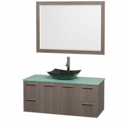 48 inch Single Bathroom Vanity in Gray Oak, Green Glass Countertop, Arista Black Granite Sink, and 46 inch Mirror