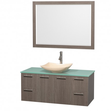 48 inch Single Bathroom Vanity in Gray Oak, Green Glass Countertop, Arista Ivory Marble Sink, and 46 inch Mirror