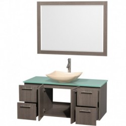 48 inch Single Bathroom Vanity in Gray Oak, Green Glass Countertop, Arista Ivory Marble Sink, and 46 inch Mirror