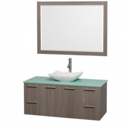 48 inch Single Bathroom Vanity in Gray Oak, Green Glass Countertop, Arista White Carrera Marble Sink, and 46 inch Mirror