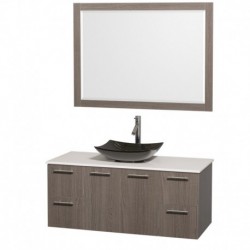 48 inch Single Bathroom Vanity in Gray Oak, White Man-Made Stone Countertop, Arista Black Granite Sink, and 46 inch Mirror