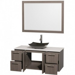 48 inch Single Bathroom Vanity in Gray Oak, White Man-Made Stone Countertop, Arista Black Granite Sink, and 46 inch Mirror