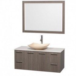 48 inch Single Bathroom Vanity in Gray Oak, White Man-Made Stone Countertop, Arista Ivory Marble Sink, and 46 inch Mirror