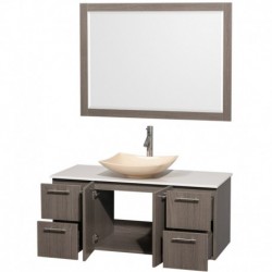 48 inch Single Bathroom Vanity in Gray Oak, White Man-Made Stone Countertop, Arista Ivory Marble Sink, and 46 inch Mirror