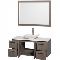 48 inch Single Bathroom Vanity in Gray Oak, White Man-Made Stone Countertop, Arista White Carrera Marble Sink, and 46 inch Mirr