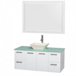48 inch Single Bathroom Vanity in Glossy White, Green Glass Countertop, Pyra Bone Porcelain Sink, and 46 inch Mirror