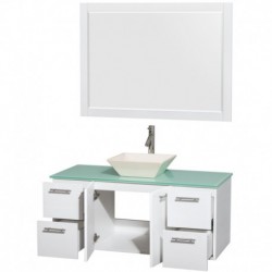 48 inch Single Bathroom Vanity in Glossy White, Green Glass Countertop, Pyra Bone Porcelain Sink, and 46 inch Mirror