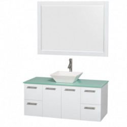48 inch Single Bathroom Vanity in Glossy White, Green Glass Countertop, Pyra White Sink, and 46 inch Mirror
