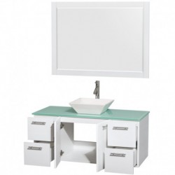 48 inch Single Bathroom Vanity in Glossy White, Green Glass Countertop, Pyra White Sink, and 46 inch Mirror