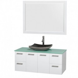 48 inch Single Bathroom Vanity in Glossy White, Green Glass Countertop, Altair Black Granite Sink, and 46 inch Mirror