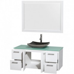 48 inch Single Bathroom Vanity in Glossy White, Green Glass Countertop, Altair Black Granite Sink, and 46 inch Mirror