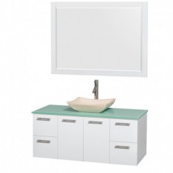 48 inch Single Bathroom Vanity in Glossy White, Green Glass Countertop, Avalon Ivory Marble Sink, and 46 inch Mirror