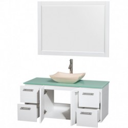 48 inch Single Bathroom Vanity in Glossy White, Green Glass Countertop, Avalon Ivory Marble Sink, and 46 inch Mirror