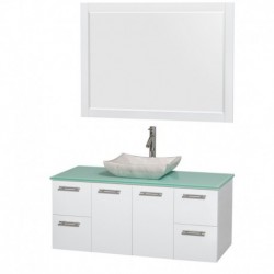 48 inch Single Bathroom Vanity in Glossy White, Green Glass Countertop, Avalon White Carrera Marble Sink, and 46 inch Mirror