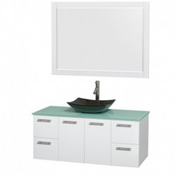 48 inch Single Bathroom Vanity in Glossy White, Green Glass Countertop, Arista Black Granite Sink, and 46 inch Mirror