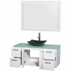 48 inch Single Bathroom Vanity in Glossy White, Green Glass Countertop, Arista Black Granite Sink, and 46 inch Mirror