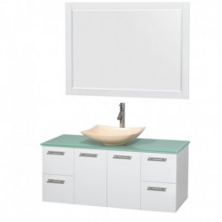 48 inch Single Bathroom Vanity in Glossy White, Green Glass Countertop, Arista Ivory Marble Sink, and 46 inch Mirror
