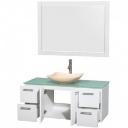 48 inch Single Bathroom Vanity in Glossy White, Green Glass Countertop, Arista Ivory Marble Sink, and 46 inch Mirror