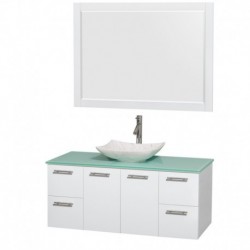 48 inch Single Bathroom Vanity in Glossy White, Green Glass Countertop, Arista White Carrera Marble Sink, and 46 inch Mirror