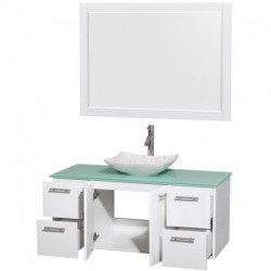 48 inch Single Bathroom Vanity in Glossy White, Green Glass Countertop, Arista White Carrera Marble Sink, and 46 inch Mirror