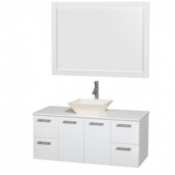48 inch Single Bathroom Vanity in Glossy White, White Man-Made Stone Countertop, Pyra Bone Porcelain Sink, and 46 inch Mirror