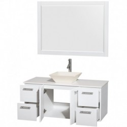48 inch Single Bathroom Vanity in Glossy White, White Man-Made Stone Countertop, Pyra Bone Porcelain Sink, and 46 inch Mirror