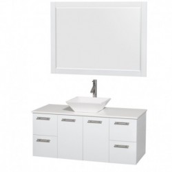 48 inch Single Bathroom Vanity in Glossy White, White Man-Made Stone Countertop, Pyra White Sink, and 46 inch Mirror