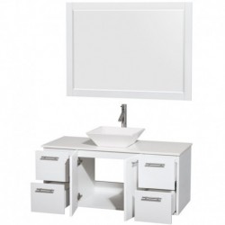 48 inch Single Bathroom Vanity in Glossy White, White Man-Made Stone Countertop, Pyra White Sink, and 46 inch Mirror
