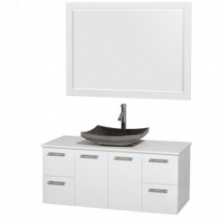 48 inch Single Bathroom Vanity in Glossy White, White Man-Made Stone Countertop, Altair Black Granite Sink, and 46 inch Mirror