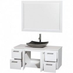 48 inch Single Bathroom Vanity in Glossy White, White Man-Made Stone Countertop, Altair Black Granite Sink, and 46 inch Mirror