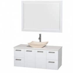48 inch Single Bathroom Vanity in Glossy White, White Man-Made Stone Countertop, Avalon Ivory Marble Sink, and 46 inch Mirror