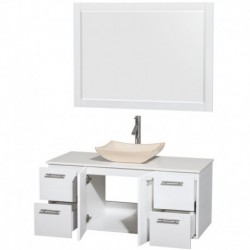 48 inch Single Bathroom Vanity in Glossy White, White Man-Made Stone Countertop, Avalon Ivory Marble Sink, and 46 inch Mirror