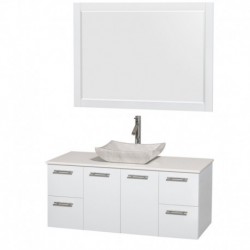 48 inch Single Bathroom Vanity in Glossy White, White Man-Made Stone Countertop, Avalon White Carrera Marble Sink, and 46 inch