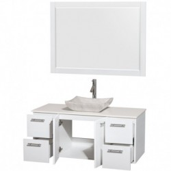 48 inch Single Bathroom Vanity in Glossy White, White Man-Made Stone Countertop, Avalon White Carrera Marble Sink, and 46 inch