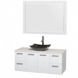 48 inch Single Bathroom Vanity in Glossy White, White Man-Made Stone Countertop, Arista Black Granite Sink, and 46 inch Mirror