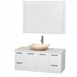 48 inch Single Bathroom Vanity in Glossy White, White Man-Made Stone Countertop, Arista Ivory Marble Sink, and 46 inch Mirror