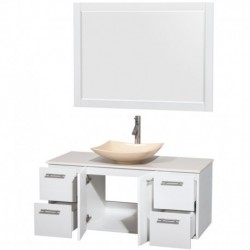 48 inch Single Bathroom Vanity in Glossy White, White Man-Made Stone Countertop, Arista Ivory Marble Sink, and 46 inch Mirror