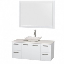 48 inch Single Bathroom Vanity in Glossy White, White Man-Made Stone Countertop, Arista White Carrera Marble Sink, and 46 inch