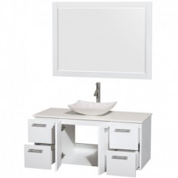 48 inch Single Bathroom Vanity in Glossy White, White Man-Made Stone Countertop, Arista White Carrera Marble Sink, and 46 inch